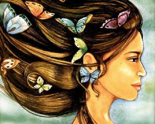 dessin de femme avec des papillons dans les cheveux 