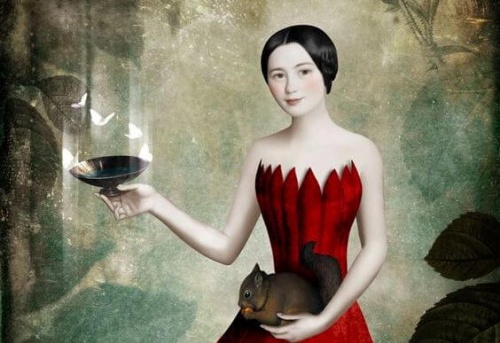 Femme-avec-assiette-de-papillons