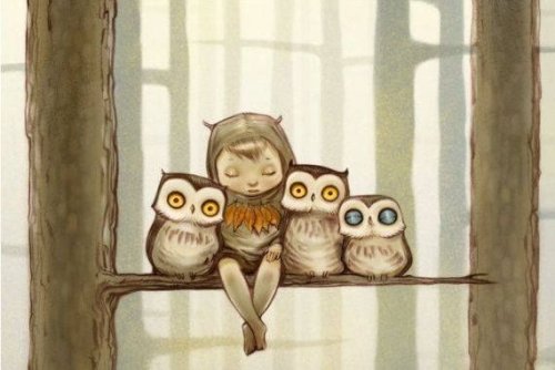 enfants-et-hibou-sur-la-branche-dun-arbre