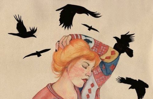 illustration - femme avec des corbeaux noirs au dessus de la tête 