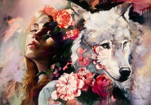 illustration d'une femme et d'un loup 