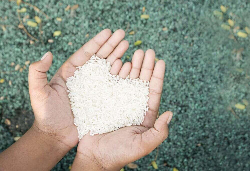 grains de riz formant un coeur entre les mains d'une personne