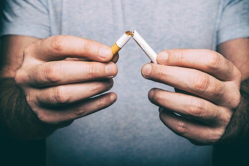 Une personne casse un cigarette en deux