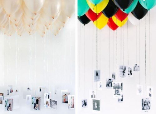 des photos accrochées à des ballons