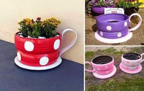 Recycler les pneus usagers en pots de fleurs.