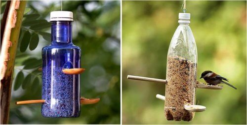mangeoires pour oiseaux en emballages plastique recyclés