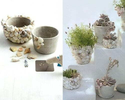 vases décorés avec des coquillages