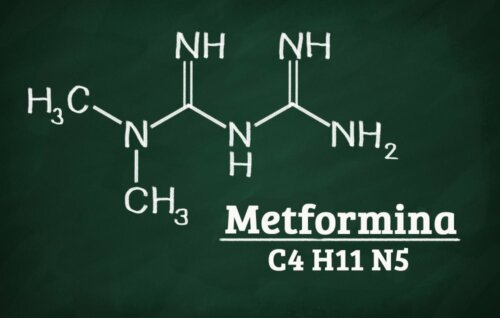 La structure chimique de la metformine, principe actif du Qtrilmet.