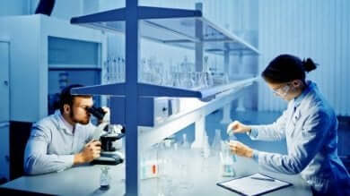 Deux chercheurs dans un laboratoire. 