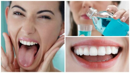 Une femme qui montre sa langue, bain de bouche, sourire.