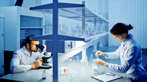 Deux chercheurs dans un laboratoire.