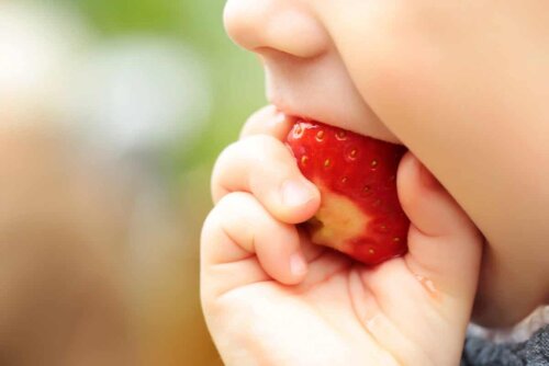 Un enfant qui croque dans une fraise. 