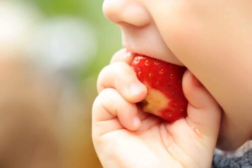 Un enfant qui croque dans une fraise.