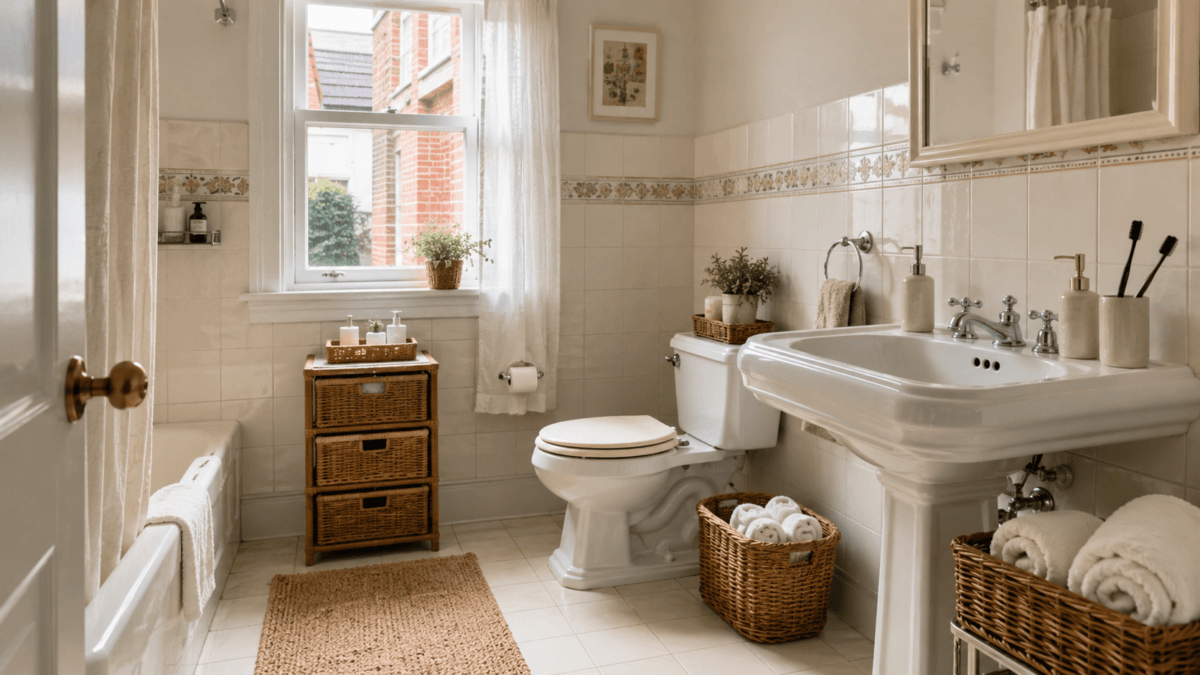 Baño anticuado con cestas de madera