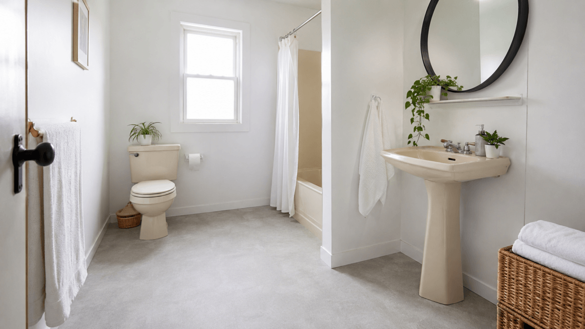 Baño modernizado con vinilo en paredes y piso