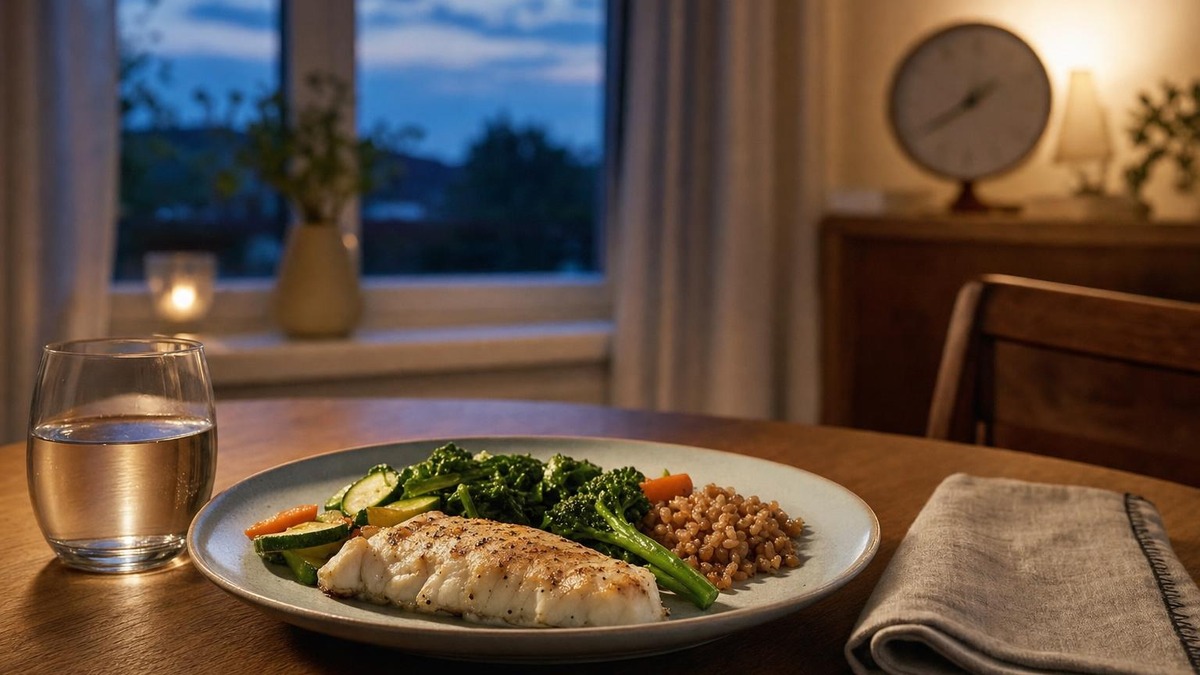 Assiette de poisson blanc, légumes verts et céréales servie au début de la soirée