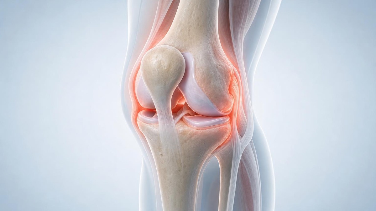 Illustration anatomique d'un genou avec une inflammation visible autour de l'articulation