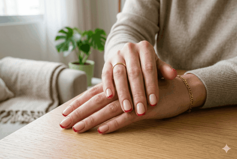 La manucure française se renouvelle avec une touche de caractère. Une ligne fine et profonde au bout des ongles sur une base neutre pour un design moderne mais subtil.
