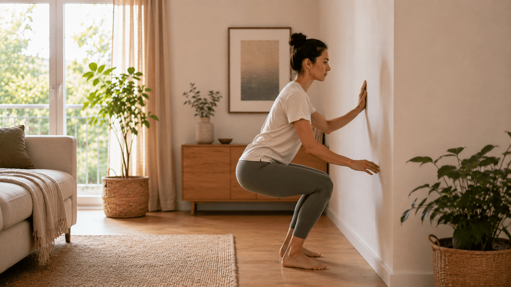 Mujer haciendo una sentadilla lenta junto a la pared como parte de una rutina de piernas y glúteos sin material en casa.