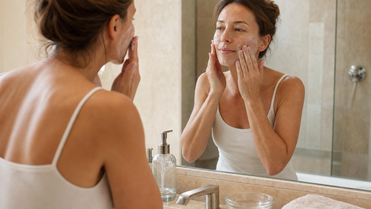Femme applique délicatement un nettoyant sur son visage avec des mouvements circulaires devant le miroir