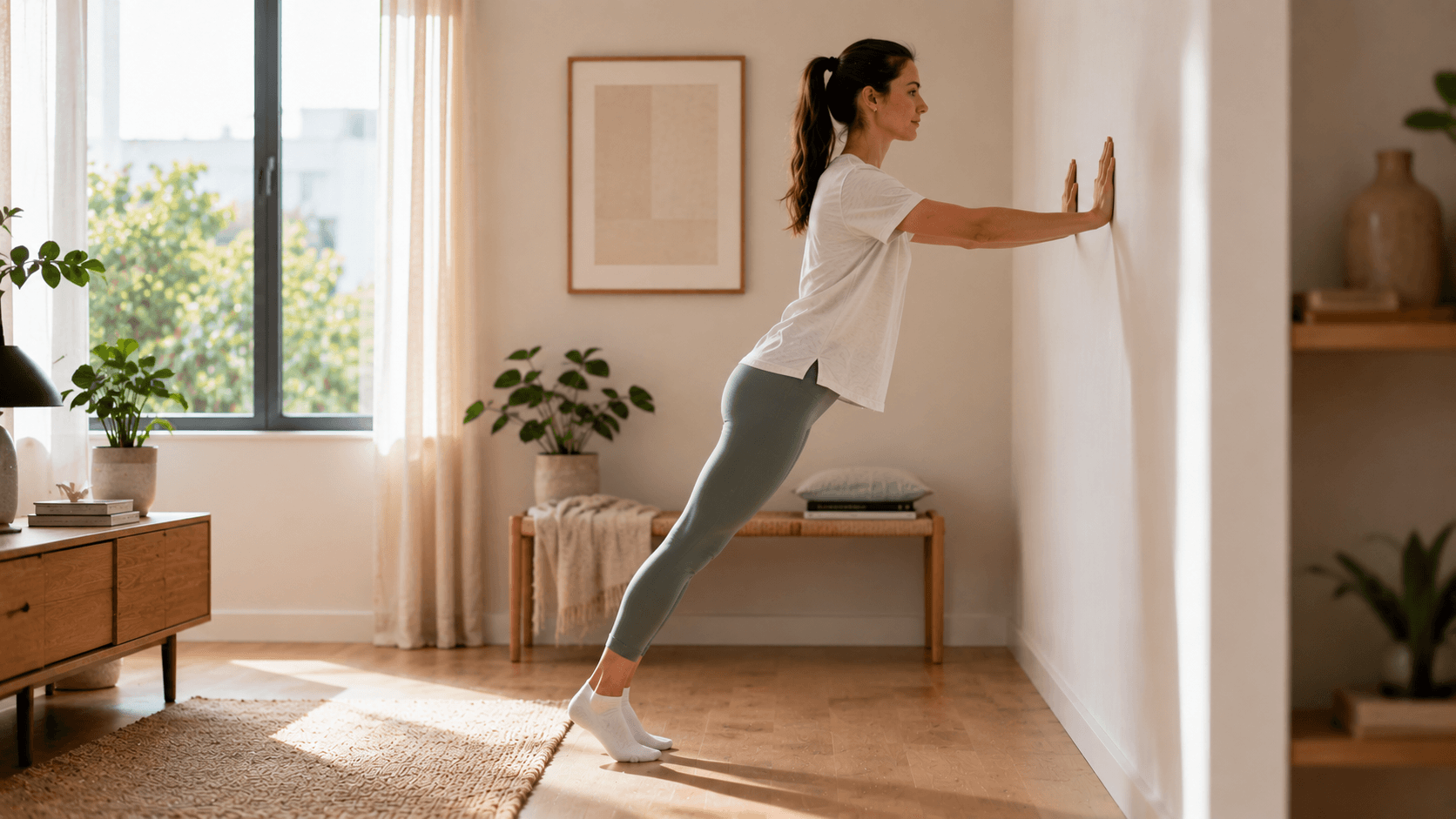 Persona realizando ejercicios para piernas y glúteos en casa mientras empuja una pared con postura estable y movimiento controlado.