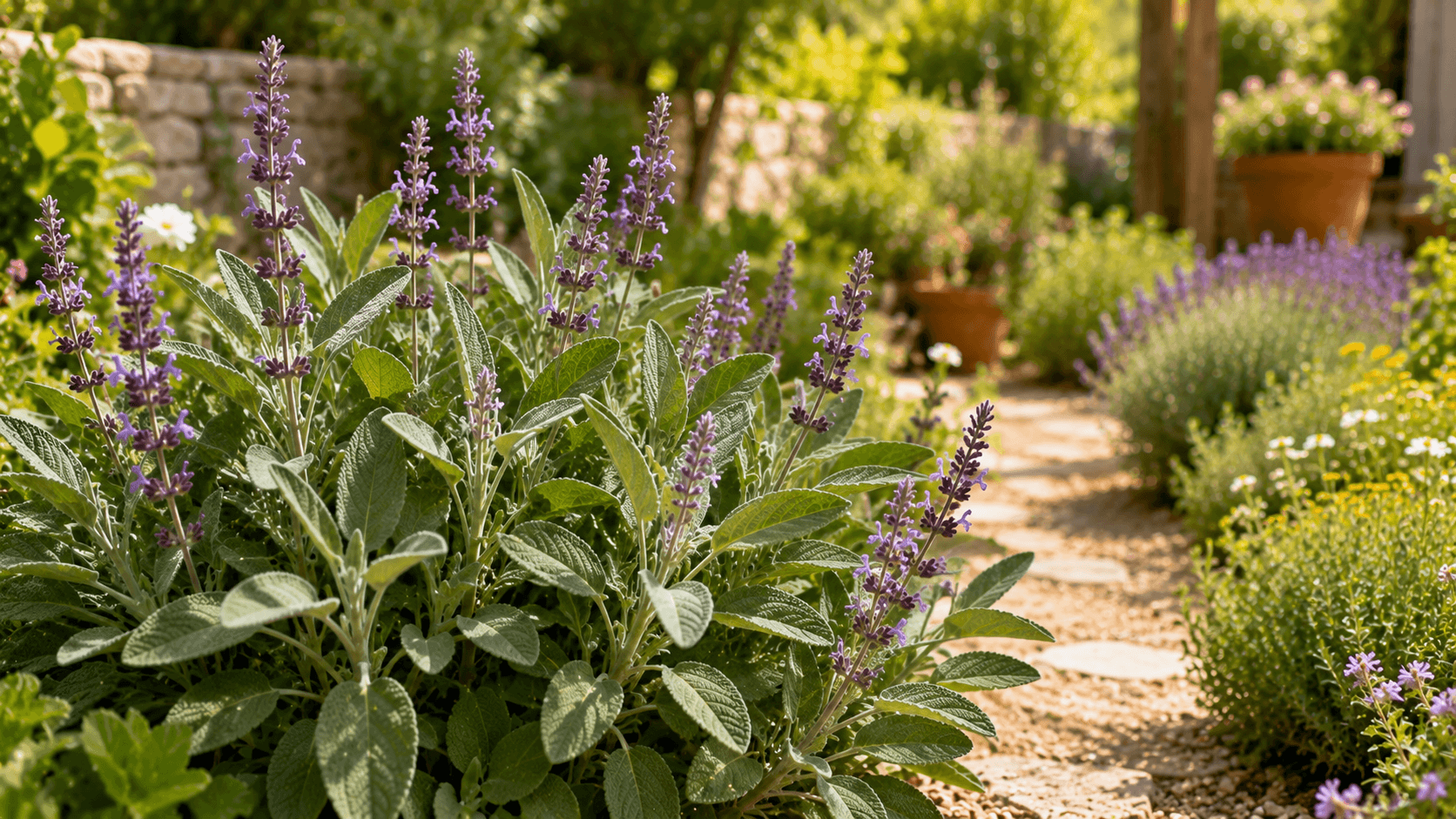 Planta de salvia con espigas violetas creciendo junto a un sendero rodeado de aromáticas en un jardín de verano.