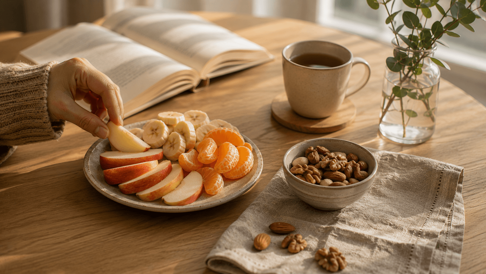 Plato con manzana, mandarina y frutos secos listo para resolver la media tarde con una de las meriendas saludables fáciles.