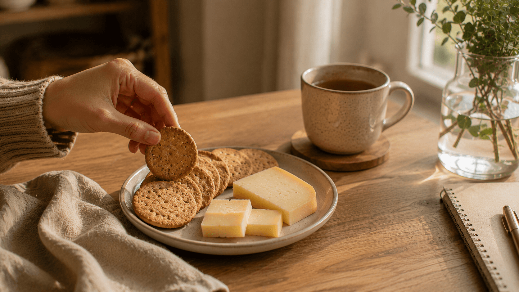Queso con galletas integrales servido sobre una mesa de madera como una de las meriendas saludables fáciles para días ocupados.