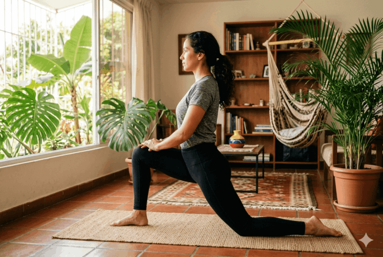 Soulage la pression au niveau des lombaires en étirant les muscles de la cuisse. C’est l’exercice incontournable pour contrer les effets négatifs d’une position assise prolongée.