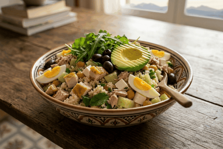 Transformez les restes du réfrigérateur en un plat de haute cuisine. Émiettez du poulet, des œufs ou du thon sur le couscous et ajoutez de l’avocat ou de la roquette pour composer votre menu en cinq minutes.