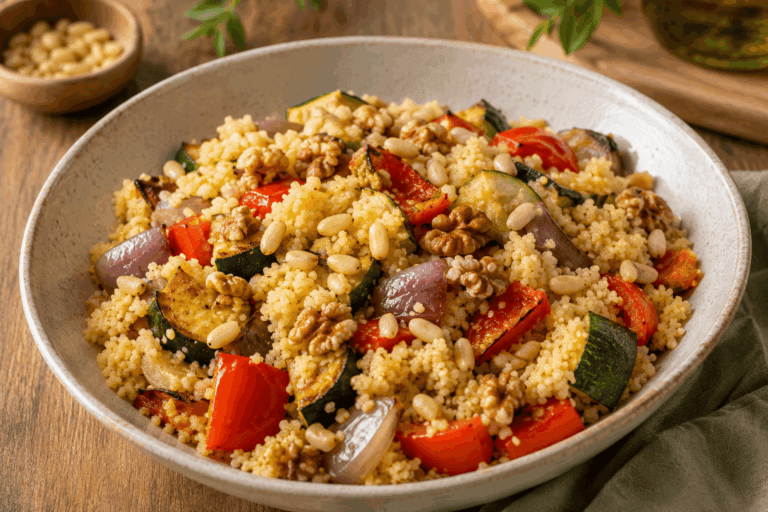 Un contraste de textures et de saveurs fumées qui réconforte. Le croquant des noix ou des pignons vient rompre la douceur du couscous et des légumes rôtis.