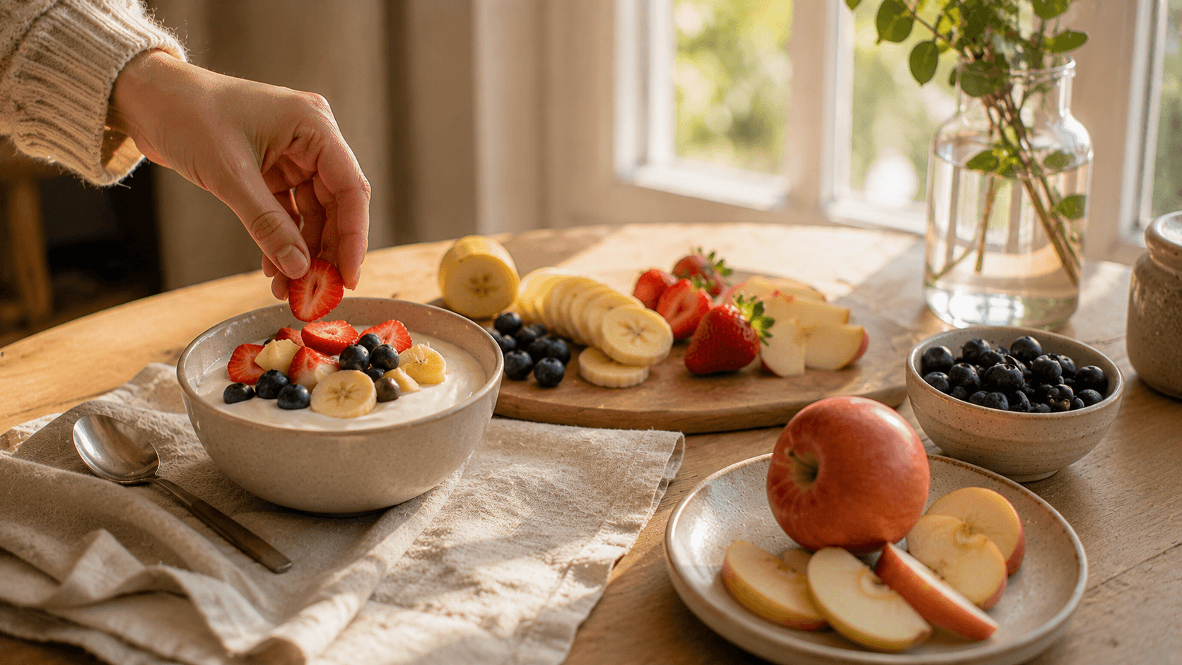 Yogur natural con fresas, arándanos y plátano preparado como una de las meriendas saludables fáciles para el día a día.