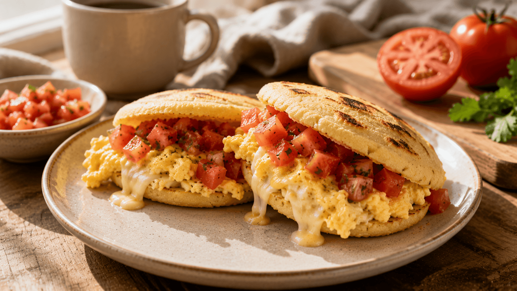 Arepas rellenas de huevo revuelto, queso fundido y tomate fresco como idea de desayuno innovador y fácil de preparar.