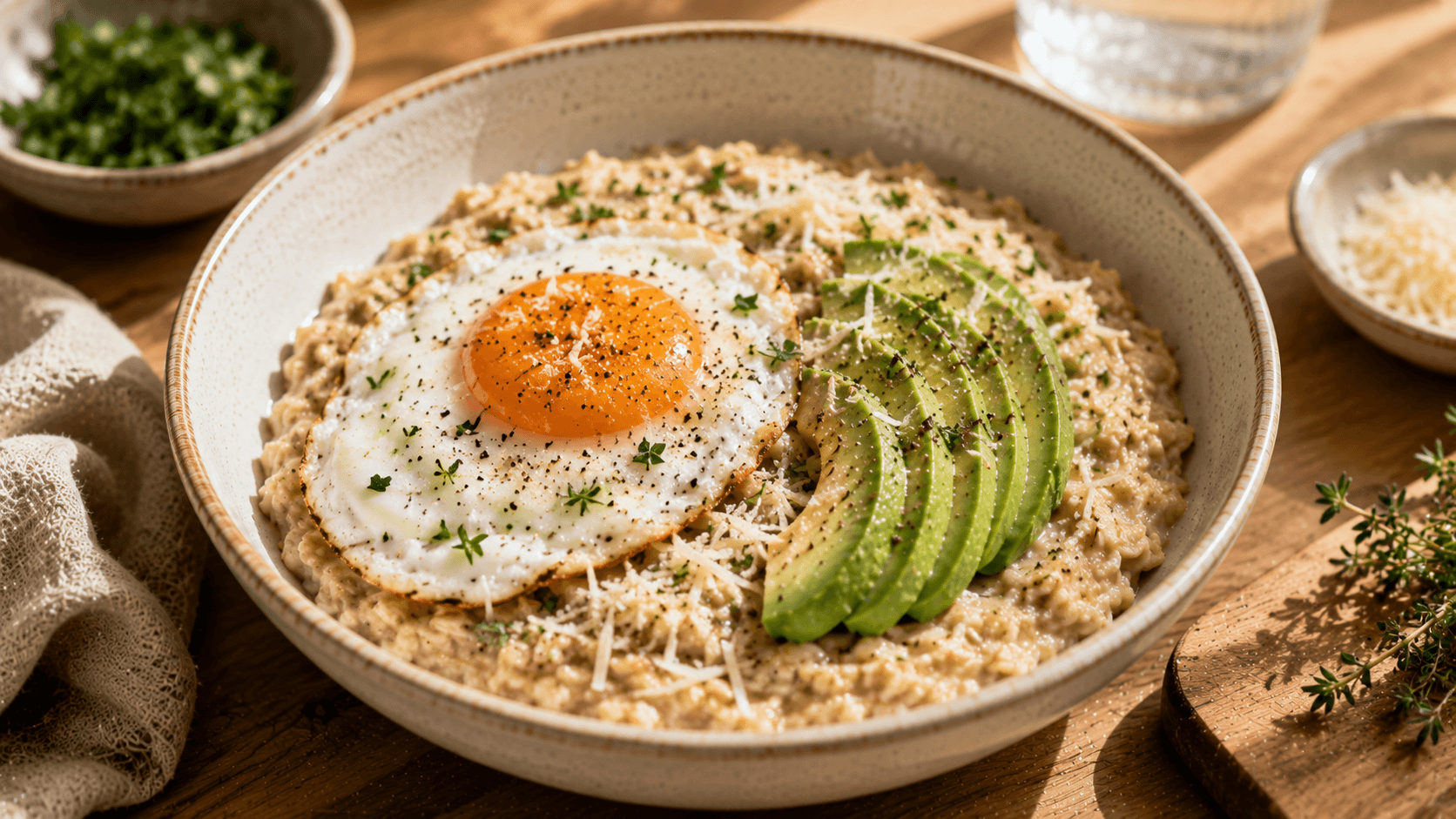 Avena salada con huevo, aguacate y queso rallado, una alternativa caliente para un desayuno fácil y completo.