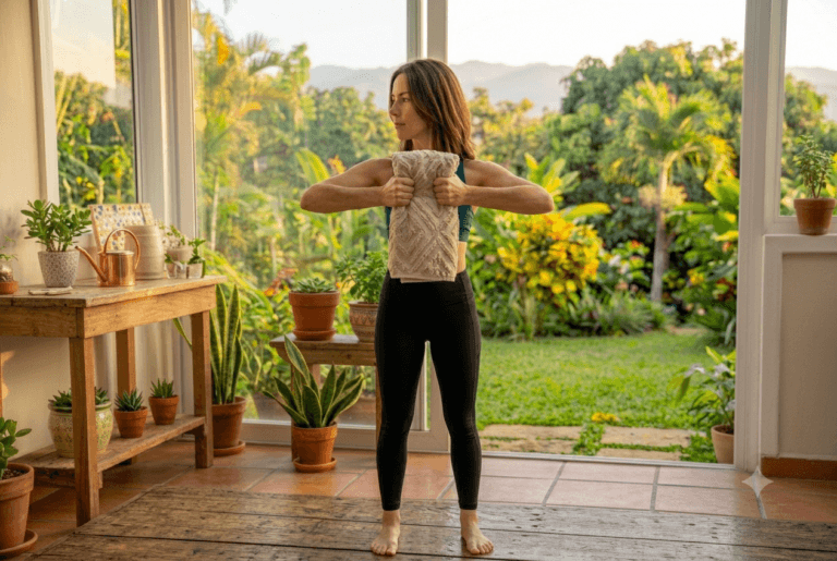 Contraction pure et soutenue sans avoir à faire le moindre pas. Comprimez la serviette avec force vers le centre pour solliciter vos pectoraux et vos biceps dans un effort invisible mais exigeant.