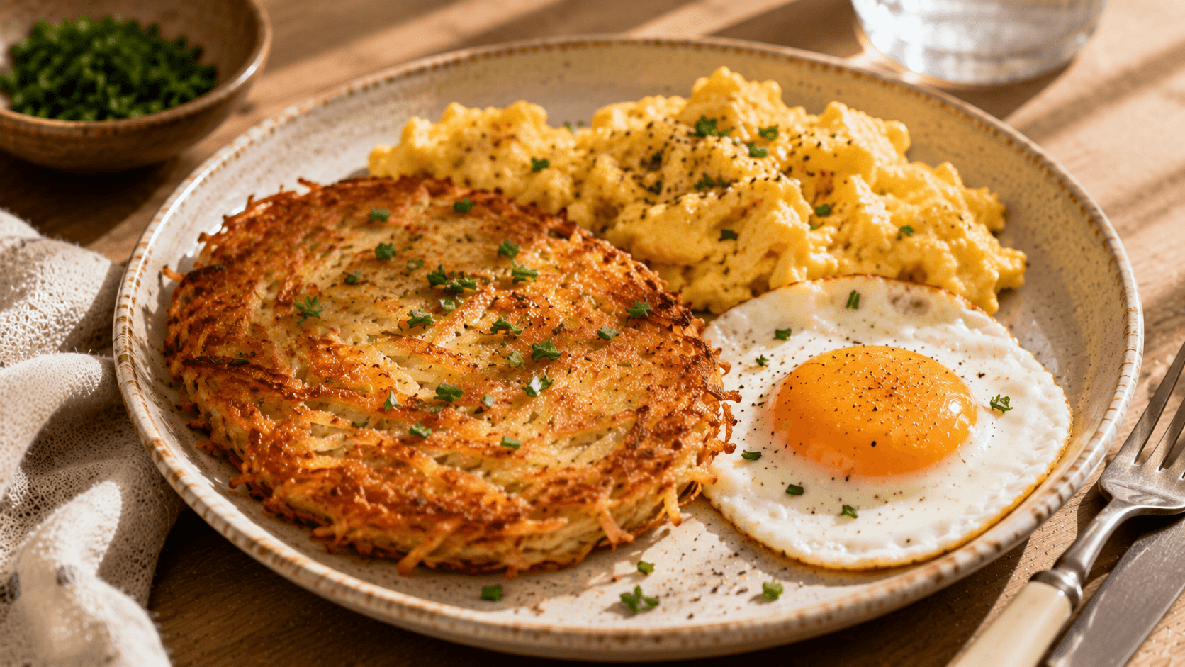 Hash brown de papa acompañado de huevo y revuelto cremoso como desayuno innovador con textura crujiente.