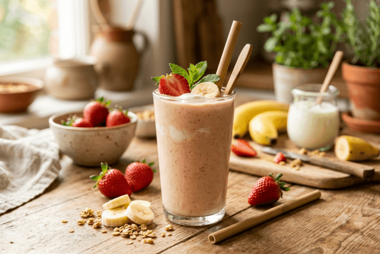 Le yaourt apporte des protéines et une onctuosité délicieuse qui adoucit l’acidité de la fraise et la douceur de la banane.