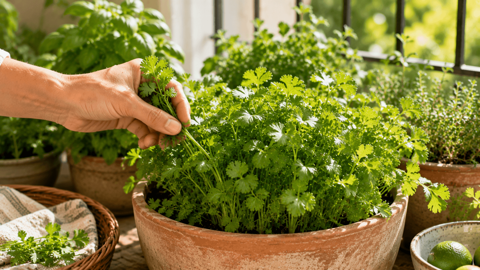 Mano recogiendo hojas tiernas de cilantro cultivado en maceta antes de que la planta florezca por el calor.