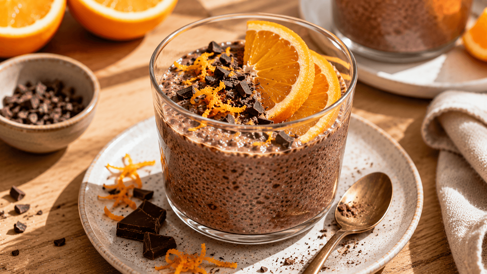 Pudín de chía con chocolate, naranja y trozos de cacao, preparado desde la noche anterior para un desayuno práctico.