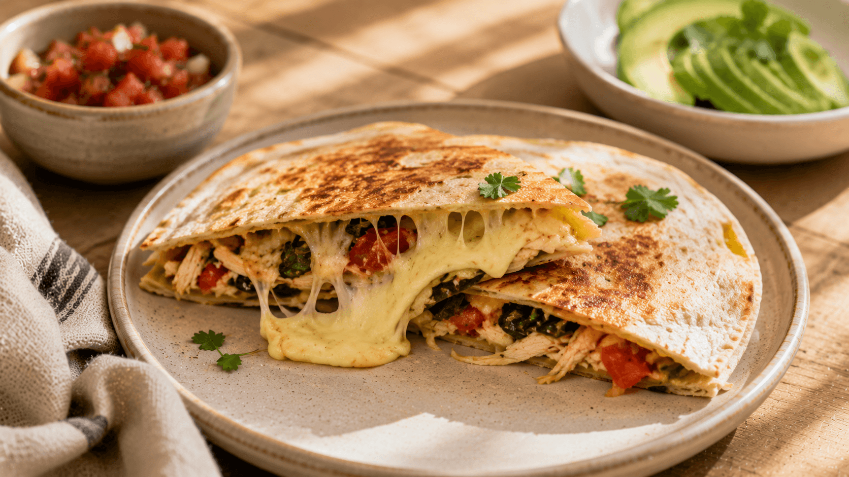 Quesadilla dorada con queso fundido, pollo y verduras, preparada como desayuno rápido y diferente.