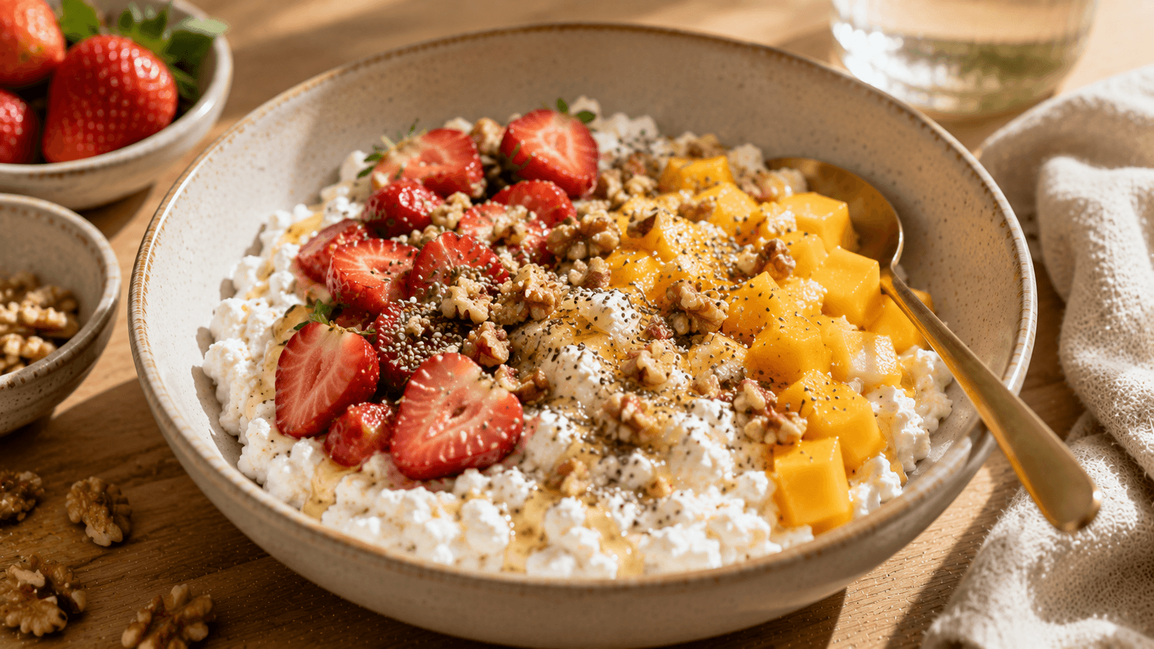 Requesón con fresas, mango, nueces y semillas, una idea de desayuno fácil con fruta fresca y textura cremosa.