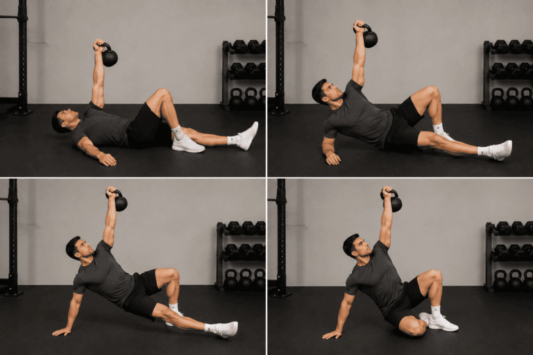 Soulevez-vous du sol jusqu’à vous appuyer sur votre main sans perdre la verticalité du poids ni la contraction abdominale.
