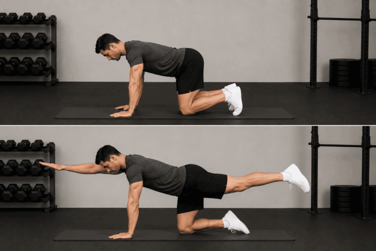 Tendez le bras et la jambe opposés en position à quatre pattes pour renforcer la chaîne postérieure et améliorer le contrôle de votre bassin.