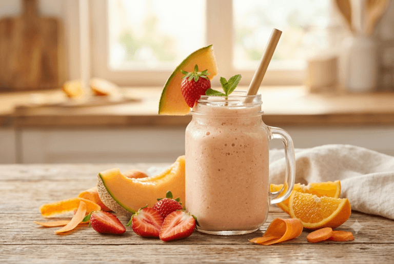 Une option légère sans banane, où les agrumes et la base juteuse du melon sont à l’honneur dans une boisson ultra-hydratante.