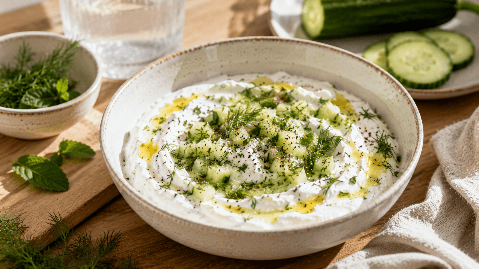 Yogur griego con pepino, aceite de oliva y hierbas frescas, una opción diferente para un desayuno innovador y fácil.
