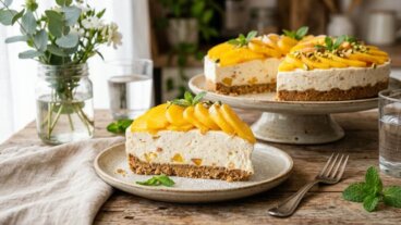 Le gâteau aux pêches sans cuisson, qui allie une crème onctueuse et des biscuits croustillants