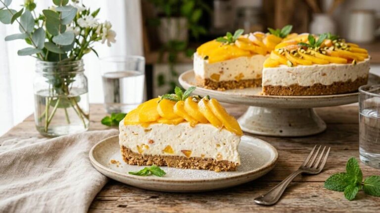 Le gâteau aux pêches sans cuisson, qui allie une crème onctueuse et des biscuits croustillants
